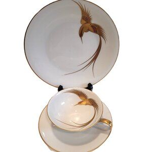 H&C SELB Bavaria Germany Hand-Painted Gold Bird in Flight Cup Saucer Plate